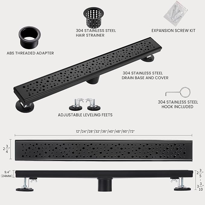 28 Inch Linear Shower Drain, Matte Black Shower Drain,Removable Grate, 304 Stainless Steel, Easy to Install and Clean for Bathrooms (Drain Base Not Included), LSD-19A-28B