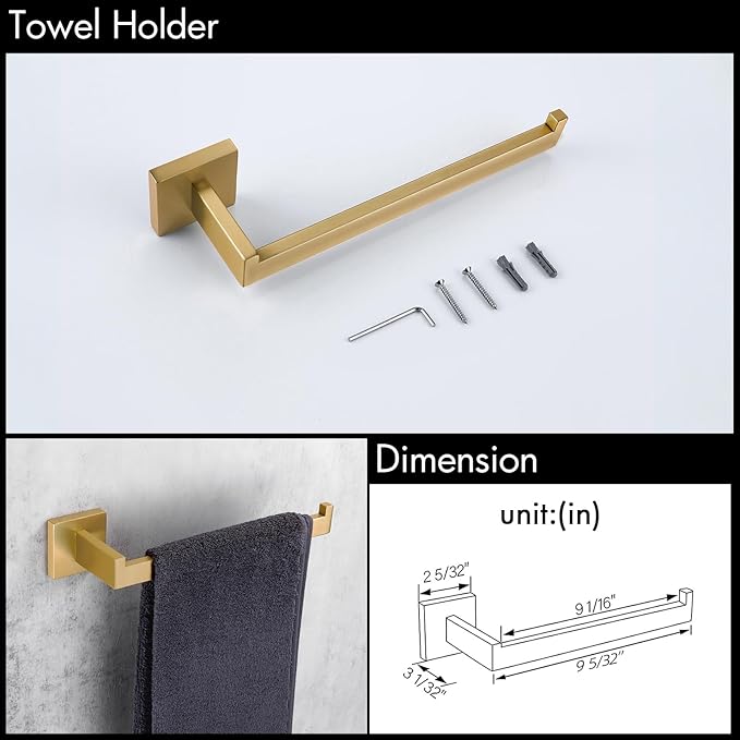 BAGNOLUX Gold Towel Bar, Bathroom Set 4 Pieces, Bath Towel Holder Set SUS304 Stainless Steel, Towel Bar Rack Set for Wall Mounted, Square Bathroom Accessories Set Fixture Heavy Duty, Brushed Brass