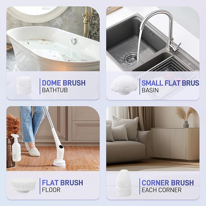 Electric Spin Scrubber - Bathtub Shower Scrubber,Bathroom Cleaning Brush Floor Brushes with Long Handle,Power Cordless Automatic Handheld Mop Cleaner for Bath Tub Kitchen Tile Grout Hardwood