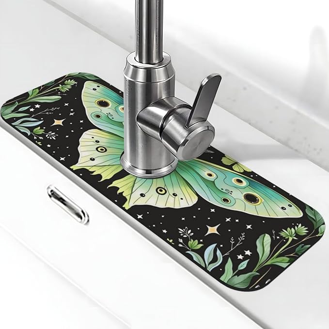 Butterfly Moon Garden 15" X 5.5" Kitchen Sink Splash Guard, Faucet Guard Draining Mat, Faucet Suction Pad For Kitchen Bathroom