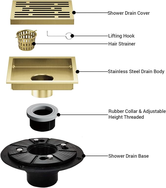 6 Inch Square Shower Floor Drain, Shower Drain Kit with Flange, Square Shower Drain, SUS 304 Stainless Steel Floor Drain,Brushed Gold
