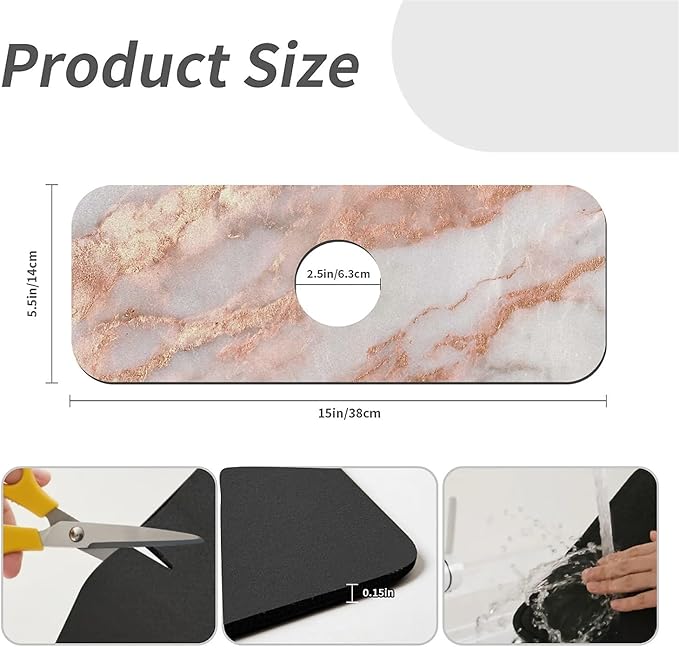Kitchen Sink Splash Guard，Rose gold white marble Faucet Mat Sink Gadgets-Super Absorbent Fast Drying Mat Drip Catcher for Kitchen, Bathroom,Sink Mat, Dish Drying Mat, Bathroom(15" X 5.5" )