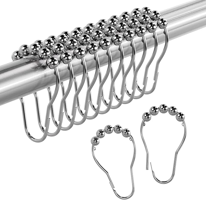 Amazer Shower Curtain Rings, Rust-Resistant Metal Shower Hooks Ring Shower Rings for Curtain Rolling Shower Curtain Hooks for Bathroom Shower Rod Shower Curtain Hangers, Set of 12, Chrome