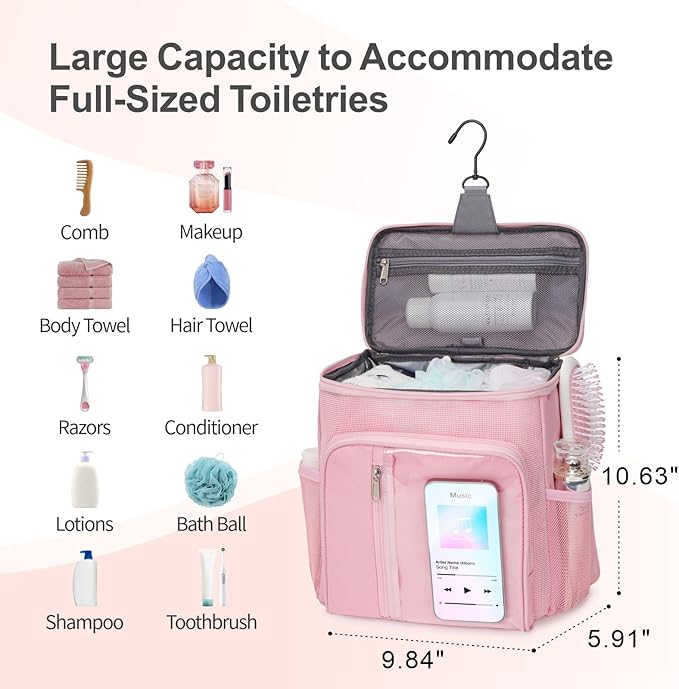 F-color Shower Caddy Portable for College Dorm Essentials - Large Hanging Sturdy Handle Toiletry Tote Bag with Hook, Multiple Pockets, Quick Dry Organizer for Camping, Travel, Gym, 2 Packs Pink