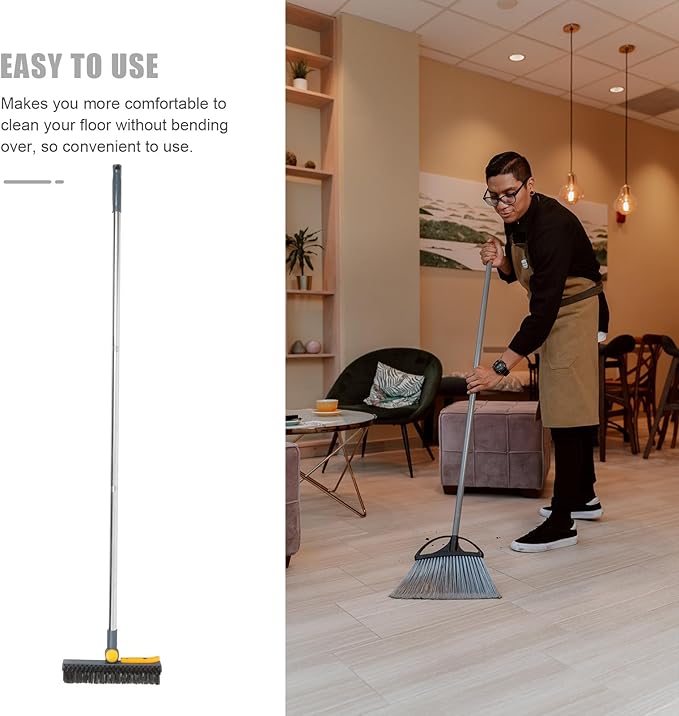 CLISPEED Shower Scrub Brush and Floor Brush with Stiff Bristles 2-in-1 with Stainless Steel Squeegee Blue-Yellow Hard Bristle for Grout and Floor Cleaning