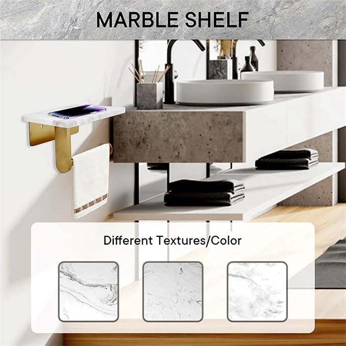 Toilet Paper Holder with Natural Marble Shelf for Bathroom Washroom,Wall Mounted Tissue Holder Suitable for Mega Roll (Brushed Gold, Small 6.7 * 4.3 in)