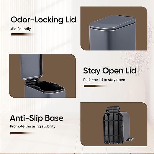6 Liter 1.6 Gallon Small BathroomTrash Can with Soft Lid Garbage Can with Removable Inner Bucket Dust Bin Waste Bin Bathroom Garbage Can Pedal Powder Coated Metal Grey