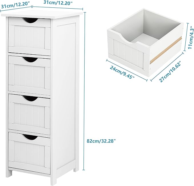 VINGLI White Bathroom Storage Cabinet with 4 Drawers Wooden Freestanding Slim Bathroom Floor Cabinet Small Side Organizer Storage Unit for Restroom Livng Room Kitchen Office Hallway Entryway