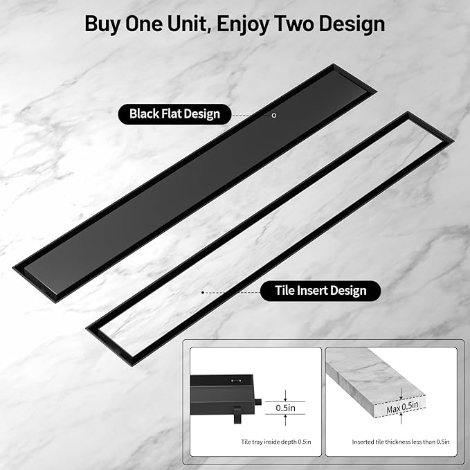 Linear Shower Drain, 304 Stainless Steel with Adjustable Leveling Feet, Hair Strainer,Reversely Install Place to Create an Invisible Floor Drain - Black -54-Inch