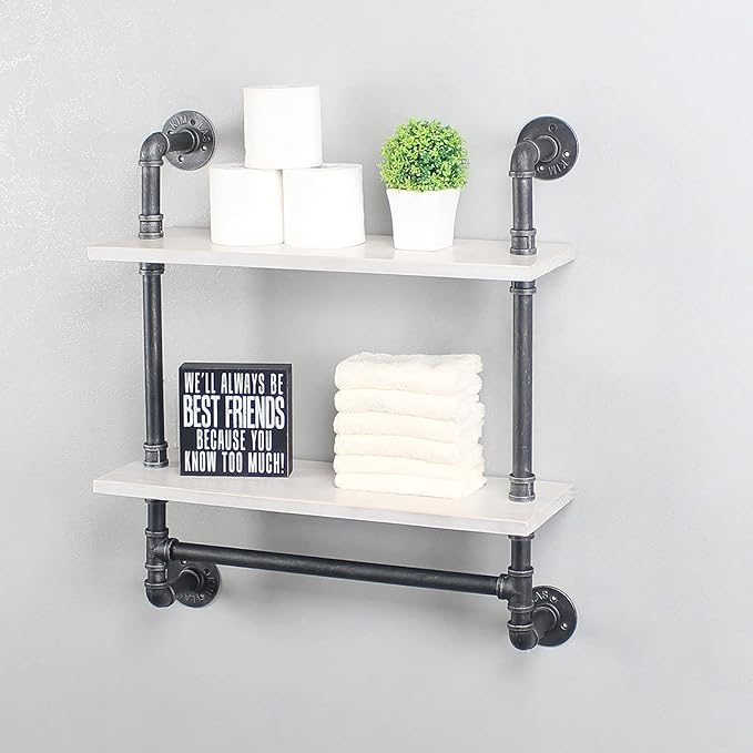 Iron Pipe Shelves Industrial Bathroom Shelves with Towel bar,24in Rustic Metal Pipe Floating Shelves Pipe Wall Shelf,2 Tier Industrial Shelf Wall Mounted,Retro White