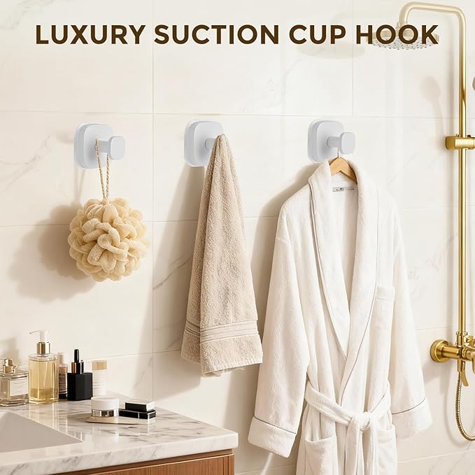 Suction Cup Hooks for Shower, No-Drill Towel Hooks for Bathrooms, Kitchen, Glass Door, Mirror, Tile, Shower Suction Hooks for Hanging Towels, Robe, Loofah, Christmas Wreath (White, 4 Pack)