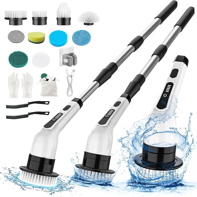 Electric Spin Scrubber Cordless Cleaning Brush with Extension Handle, 2 Adjustable Speeds, Shower Scrubber with 10 Replaceable Brush Heads, IPX7 Waterproof Power Scrubber for Bathtub Tile Floor, White