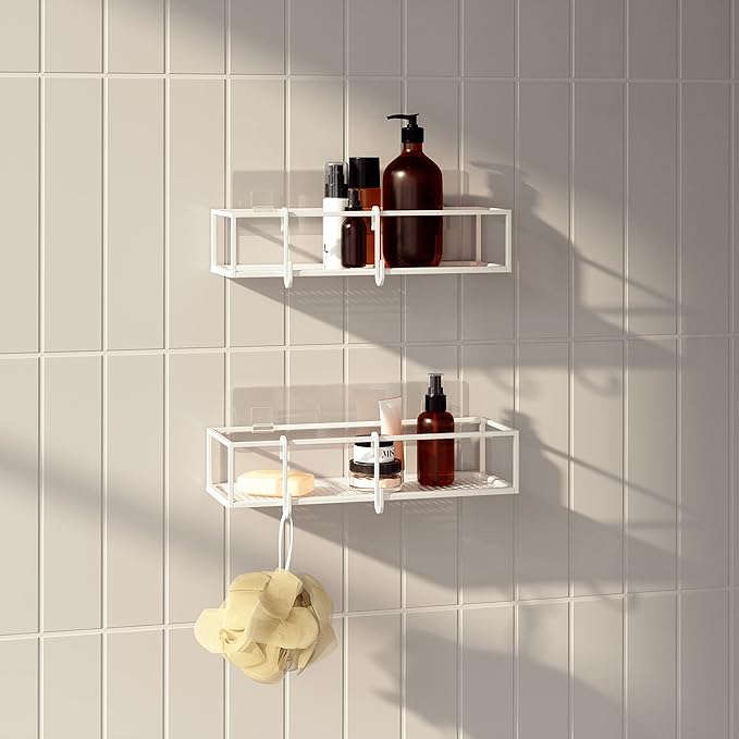 Umbra Cubiko Shower Shelf, Metal Floating Shelves with Adhesive Mounting Strips, 2-Pack, White