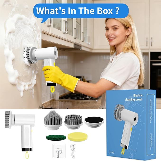 3000mAh Cordless Electric Spin Scrubber, 20W High-Torque IPX7 Waterproof Cleaning Brush with 6 Replaceable Heads, Dual Speed 150-180 Mins Runtime for Kitchen Bathroom Car