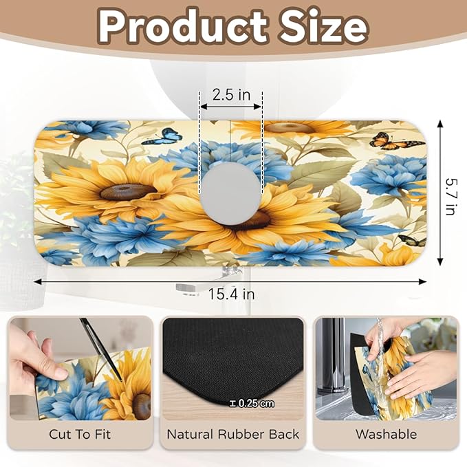 Sunflower Blue Bloom Kitchen Faucet Mat Splash Guard, 15.4”x5.7” Absorbent Quick Drying Sink Mat for Countertop Protection, Draining Mat Sink Protectors For Kitchen Bathroom, 1 Pack