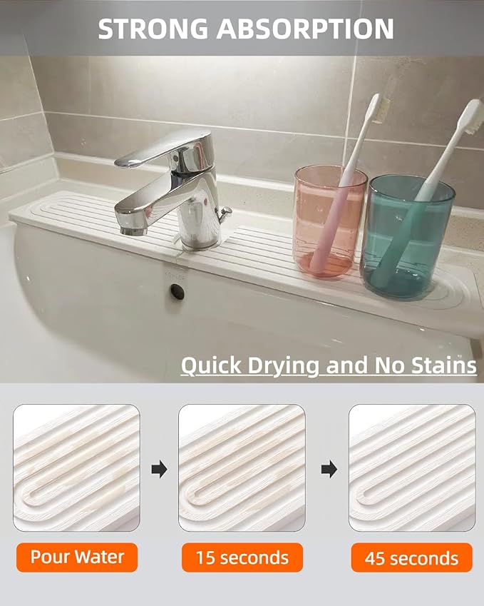 16 Inch Stone Faucet Mat for Kitchen Sink, Diatomite Fast Drying Mat for Kitchen Counter, Water Absorbent Faucet Sink Splash Guard with Raised Feet, Bathroom Counter Protector (White, 15.75"x3.93")