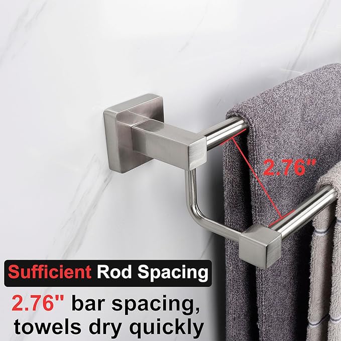 TocTen Double Bath Towel Bar - Thicken SUS304 Stainless Steel Towel Rack for Bathroom, Bathroom Accessories Double Towel Rod Heavy Duty Wall Mounted Square Towel Holder(Brushed Nickel, 16 INCH)