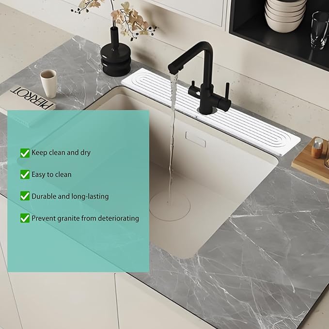 23.6 Inch White Diatomite Faucet Mat, Super Absorbent Stone Tray Fast-Drying Sink Mat, Quick Dry Kitchen Splash Guard for Kitchen Sink/Bathroom Counter
