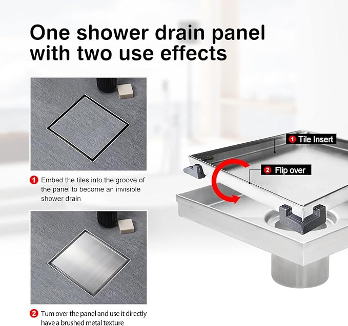 SaniteModar Shower Drain, Invisible 6 inch Square Shower Drain 2-in-1 Tile Insert Cover, 304 Stainless Steel Brushed Shower Floor Drain with Hair Catcher and Threaded Adapter