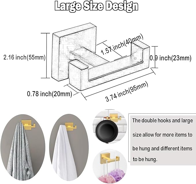 BOZWELL Double Towel Hooks for Bathroom Light Brushed Gold Wall Mount，2 Pack Modern Square Style Coat Robe Hook，Stainless Steel Heavy Duty Door Hanger for Bathroom Bedroom Kitchen Hotel Pool 1502-G-2
