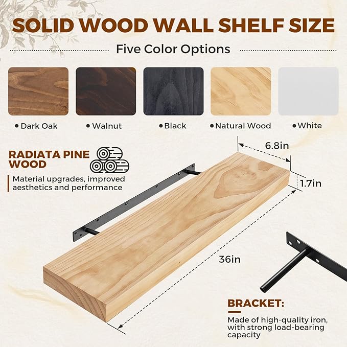 Floating Wall Shelf 36x6.8x1.7 Inch – Solid Wood Shelf in Natural Wood Finish – Heavy Duty Wall Mounted Rustic Display Shelf for Living Room, Kitchen, Bedroom, Hallway – Set of 2