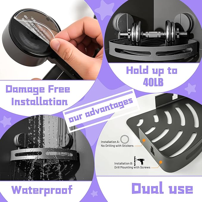 Corner Shower Caddy Suction Cup Shower Shelf Corner No Drilling Bathroom Shower Organizer Storage Rack Suction Cup Type with Towel Bar Hooks (Shower Caddy)