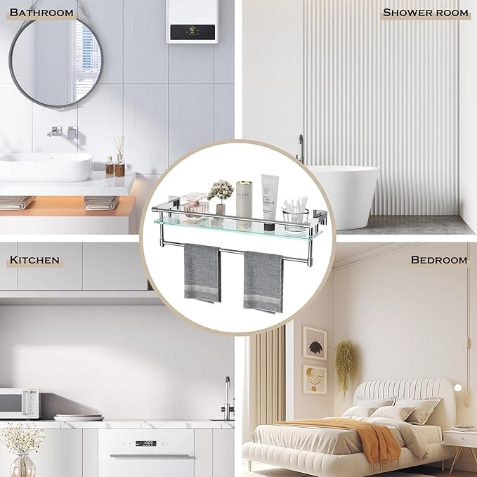 Bathroom Glass Shelf with Towel Rack Organizer Wall-Mounted Bathroom Storage SUS304 Stainless Steel Towel Bar/Track Wall-Mounted Tempered Glass Shelves (Chrome Polished, 20-inch)