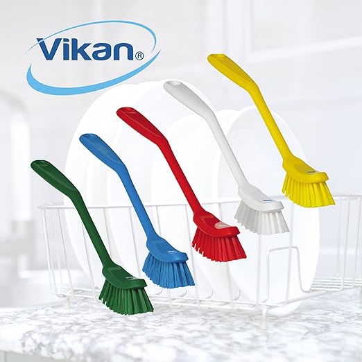Vikan - Fine Dish Brush - Heavy-Duty, Narrow, Slip-Resistant Cleaning Brush, Polypropylene, Polyester Bristle, 11 Inch, Yellow, (42876)