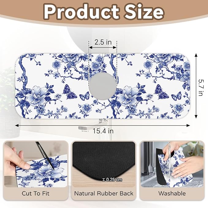 Blue Floral Sink Faucet Mat, Absorbent Elegant Chinese Style Kitchen Faucet Mat, Sink Splash Guard, for Bathroom Kitchen Sink Splash Guard Drying Mat 15.4"x5.7"