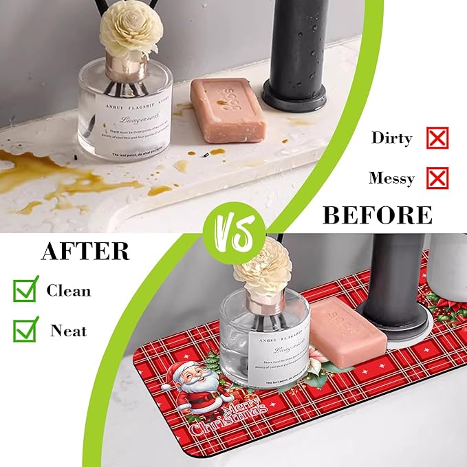 Chrismas Sink Splash Guard Faucet Mat Christmas Absorbent Fast Drying Mat Sink Gadgets Splash Guard Behind Faucet Drip Catcher for Kitchen Bathroom 15.5"X5.5"