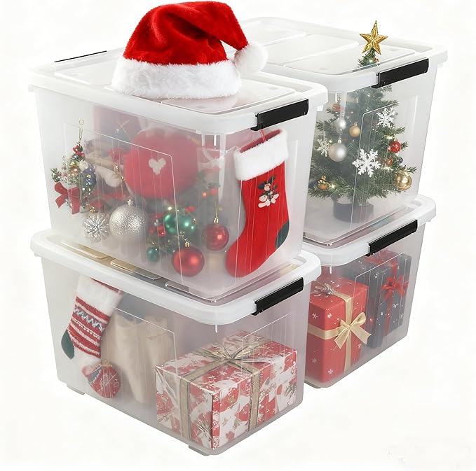 70 L Clear Storage Containers, 4-Pack, Plastic Stackable Storage Bins with Lids and Wheels, BPA-Free