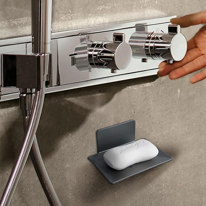 Soap Dishes for Bathroom, Bar Soap Holder with Self Draining Tray, Soap Tray for Shower Wall, 4 Slot Self-Adhesive Soap Container (Gun Grey)