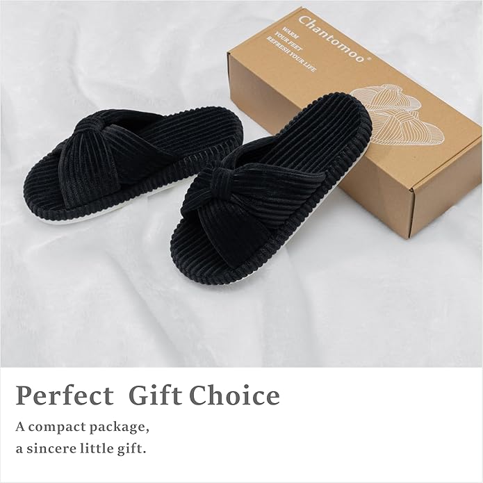 Chantomoo Slippers for Women Memory Foam House Bedroom Corduroy Bow Crossbands Slipper Shoes Comfy Trendy Gift Slippers