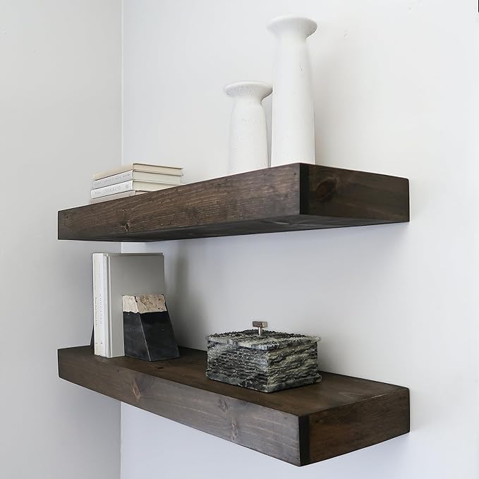 Urbandi Modern Floating Shelves 3 Inches Thick for Wall, Wide Shelves for Kitchen, Living Room, Bedroom, and Bathroom, Natural Pine Wood, Rustic Wooden Shelf, (Set of 2) (Jacobean, 48Lx3Hx8D)