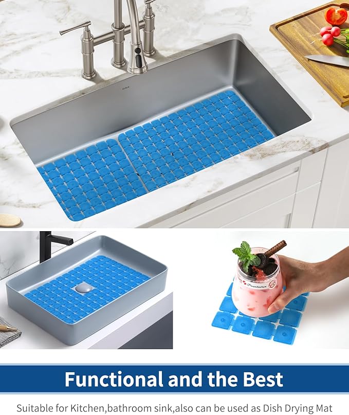 Bligli Sink Mat for Stainless Steel/Ceramic Sinks, 2 Pack 15.8x11.8 inches PVC Sink Protectors for Bottom of Kitchen Sink, Dishes and Glassware drain Mats, Durable and Fast Draining (Blue)