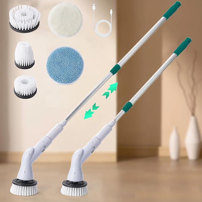 Generic Electric Scrubbers for Bathroom Floor Tile USB 1500mAh Wireless with Adjust Extension Handle 3h Long-Lasting Cleaning Brush Multifunctional Electric Bathroom Brush, Green