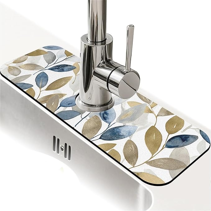 Kitchen Sink Splash Guard，olive leaves Faucet Mat Sink Gadgets-Super Absorbent Fast Drying Mat Drip Catcher for Kitchen, Bathroom,Sink Mat, Dish Drying Mat, Bathroom(15" X 5.5" )