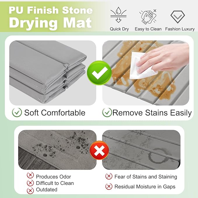 Large Stone Dish Drying Mat for Kitchen Counter, Ultra Absorbent Diatomaceous Earth Mat with PU Leather Cover Stain-resistant Quick Drying, Collapsible Stone Mats for Dishes Cups 23.6"x15.3"