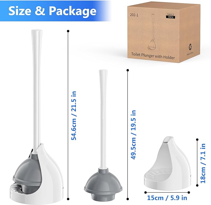 Toilet Plunger with Holder, Plunger with Unique Holder for 5.7-inch Toilet Drain, Plungers for Bathroom with Holder, Toilet Plunger Heavy Duty (1, White)