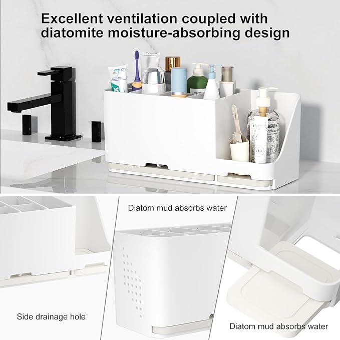 JUMEIHUI Bathroom Countertop Organizer with Water Absorbent Diatomite,8 Slots Bathroom Toothbrush Holder with Adjustable Dividers,Bathroom Sink Organizer Countertop (White)