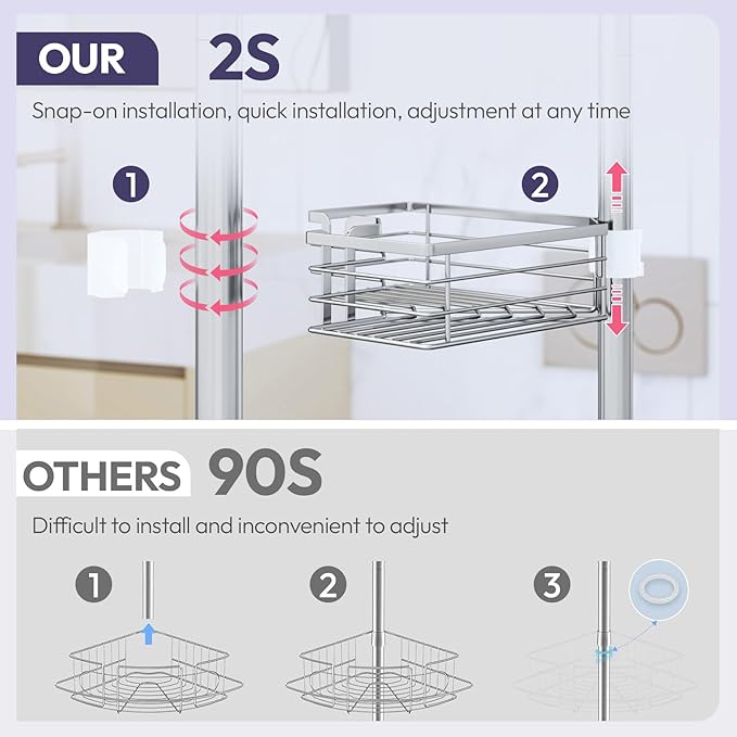SWTYMIKI Shower Caddy Tension Pole - 4-Tier Corner Shower Organizer Tension Rod with Soap Holder, Toothbrush Holder & 4 Hooks, Adjustable Stainless Steel Bathroom Organizer 27.6 to 108.3 inch, Silver