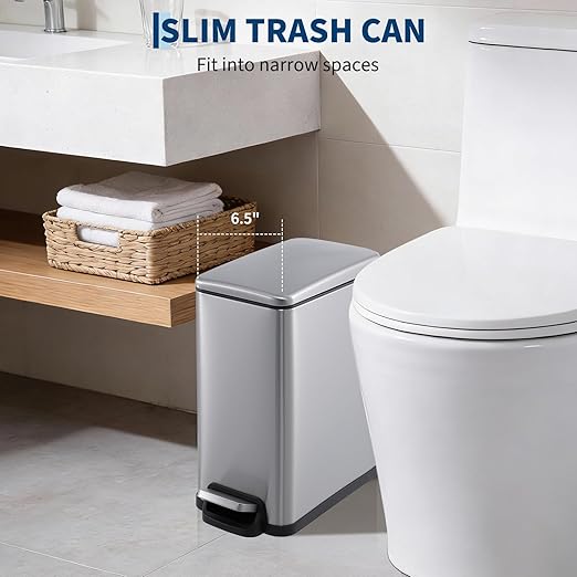 Garvee Small Bathroom Trash Can with Lid, 10 Liter / 2.6 Gallon Stainless Steel Garbage Can with Removable Inner Bucket & Step Pedal, Slim Metal Trash Bin for Toilet, Bedroom, Kitchen, Office, Silver