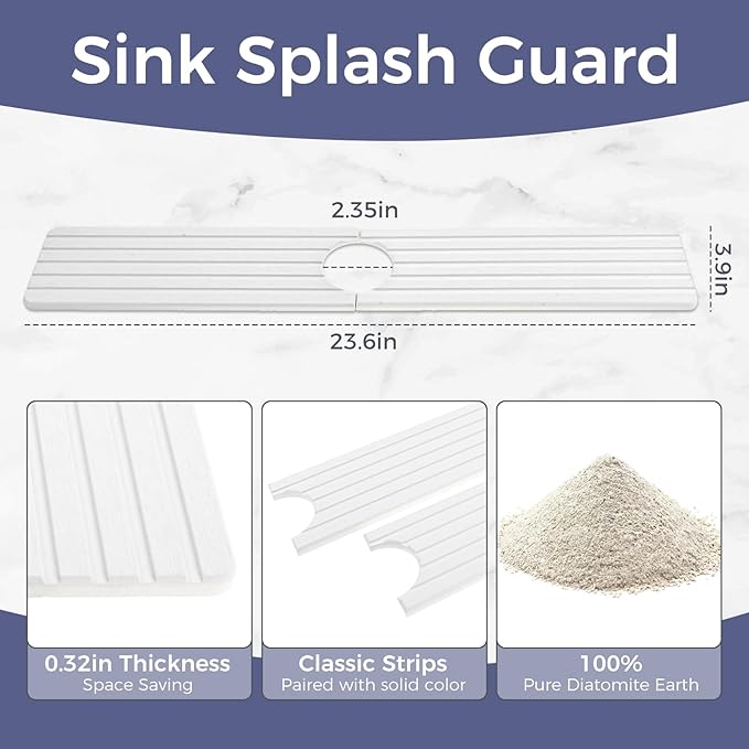 24" Kitchen Sink Splash Guard, Diatomite Fast Drying Stone Sink Tray, Faucet Mat for Kitchen Sink Bathroom Counter, White, Includes Sandpaper