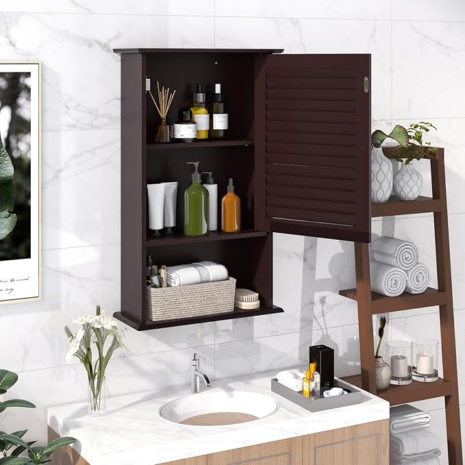 Tangkula Medicine Cabinet, Wall Mounted Bathroom Cabinet Single Door Wooden Bathroom Wall Cabinet with Adjustable Shelf (Brown)