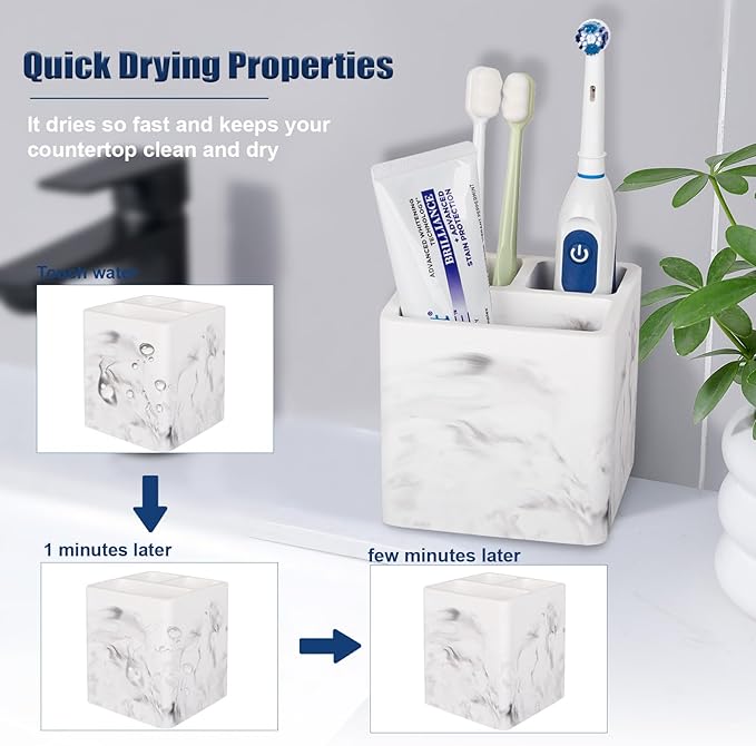 Diatomite Toothbrush Holders for Bathrooms, Electric Toothbrush and Toothpaste Holder 3 Slots Tooth Brush Organizer for Bathroom Countertop, Shower, Vanity, 2 Pack, Marble White