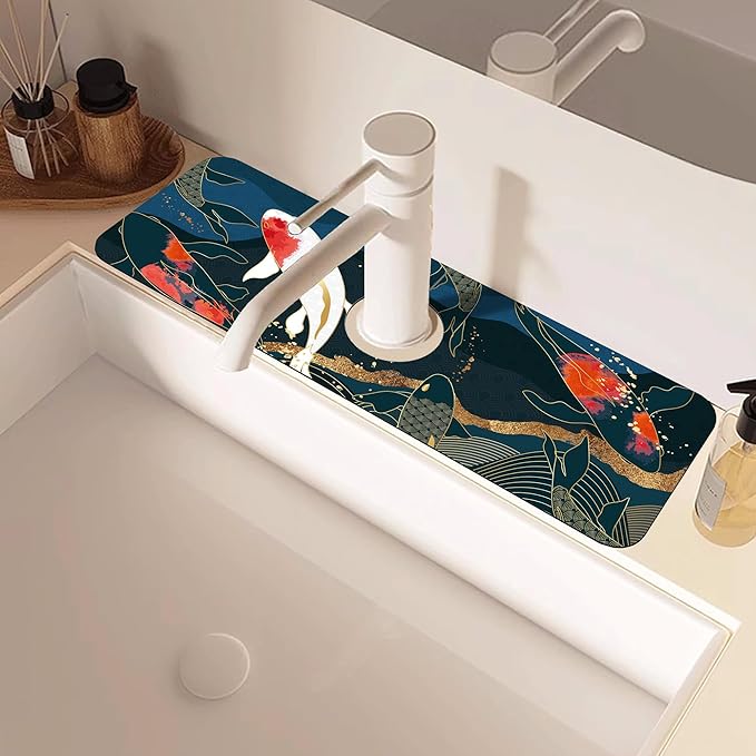 Oriental Japanese Koi Fish Sink Faucet Absorbing Mat Sink Splash Guard Faucet Mat Draining Mat Fast Drying Sink Protectors for Kitchen and Bathroom 5.5"×15"