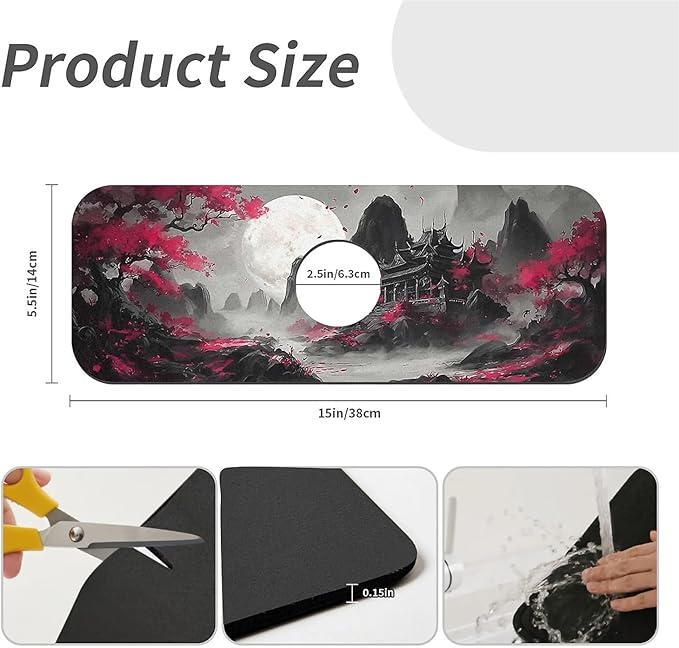 Kitchen Sink Splash Guard，Night mountain temple Faucet Mat Sink Gadgets-Super Absorbent Fast Drying Mat Drip Catcher for Kitchen, Bathroom,Sink Mat, Dish Drying Mat, Bathroom(15" X 5.5" )