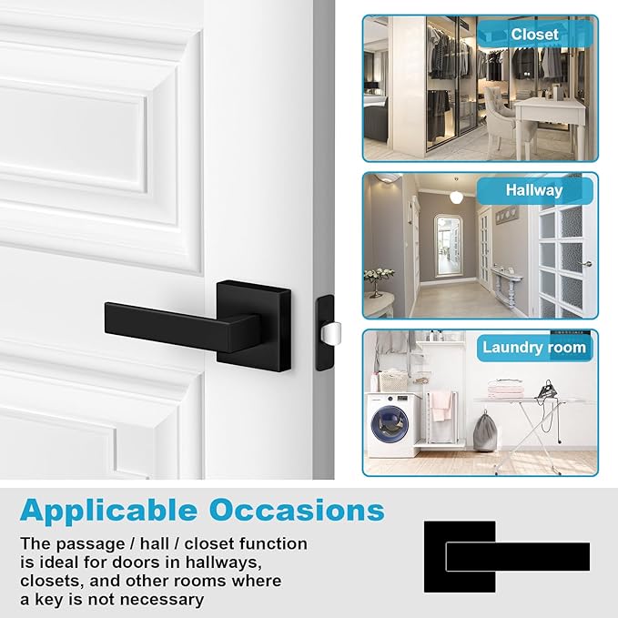 Estmoon 5 Pack Passage Door Handles Matte Black Door Knobs, Interior Door Knobs Square Heavy Duty Non-Locking Handlesets Hall Closet Handles, Reversible for Right & Left Sided Doors