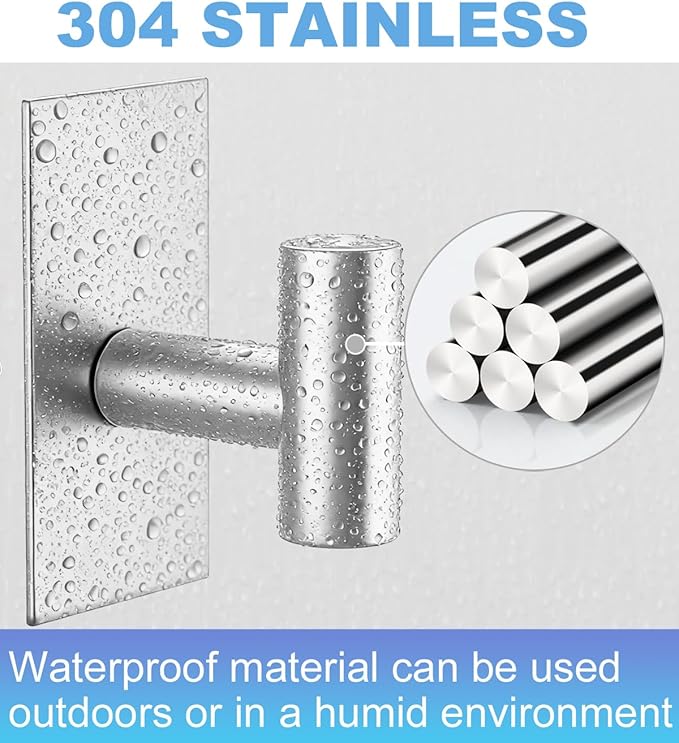 8 Pcs Towel Hooks Heavy Duty for Hanging，Adhesive Wall Hooks with Removable Strips，Sticky No Damage，Outdoor for Bathrooms，Shower，Stockings，Decor，Robe，Large，Silver 304 Stainless Steel