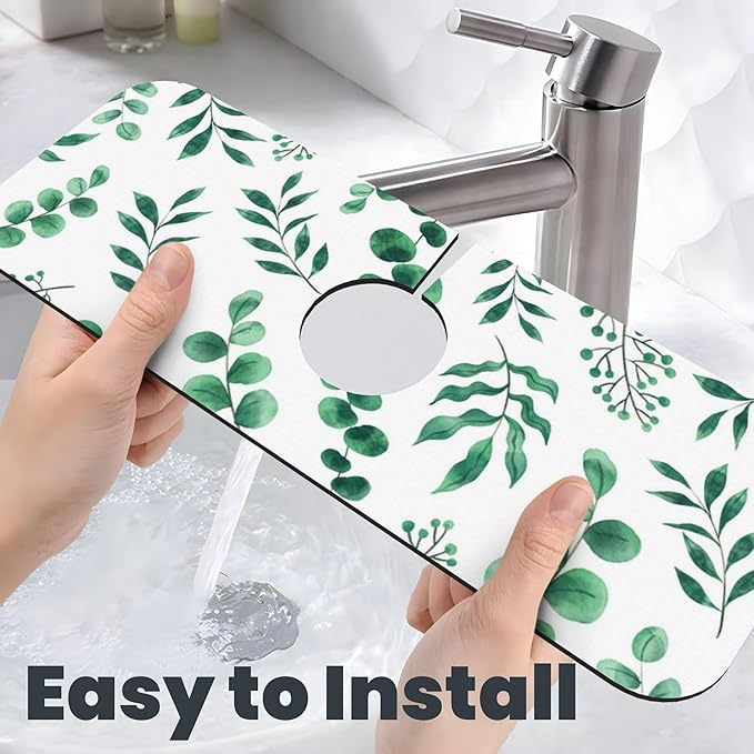 Watercolor Plant Green Leaves Dish Drying Mat for Kitchen Counter, 16"x18" Microfiber Absorbent Fast Dry Mat, 2Pcs Dish Mat Faucet Mats Sets, Large Drying Kitchen Mat Kitchen Drying Pad
